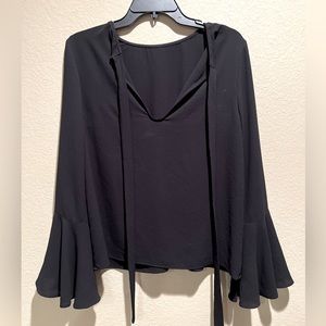 WAYF Front Tie Black Blouse with Bell Sleeves